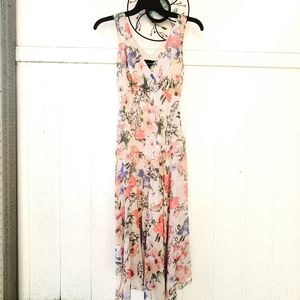 NWOT CONNECTED Floral-Print Chiffon Asymmetrical-Hem Beige Dress size 6